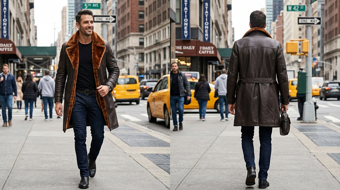 Men’s Dark Brown Shearling Leather Coat Turlock – Atlas Vintage Three-Quarter Winter Sheepskin Trench Coat