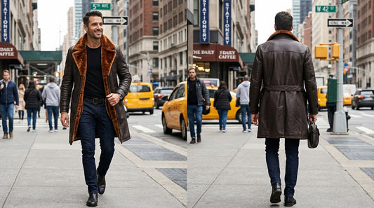 Men’s Dark Brown Shearling Leather Coat Turlock – Atlas Vintage Three-Quarter Winter Sheepskin Trench Coat